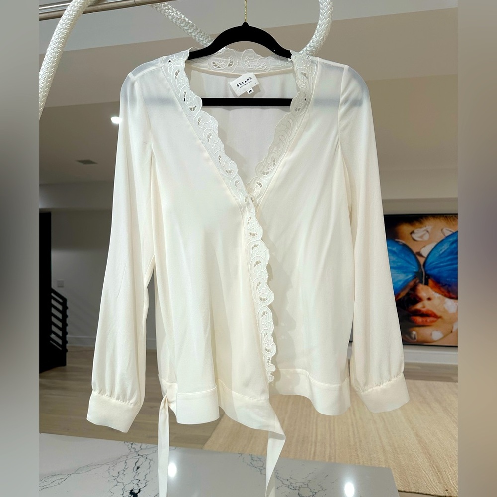 Sezane White Lace Trim Blouse